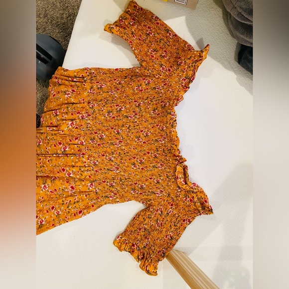 Altar’d State Yellow Floral Smocked Dress Off-Shoulder Short - Picture 2 of 3